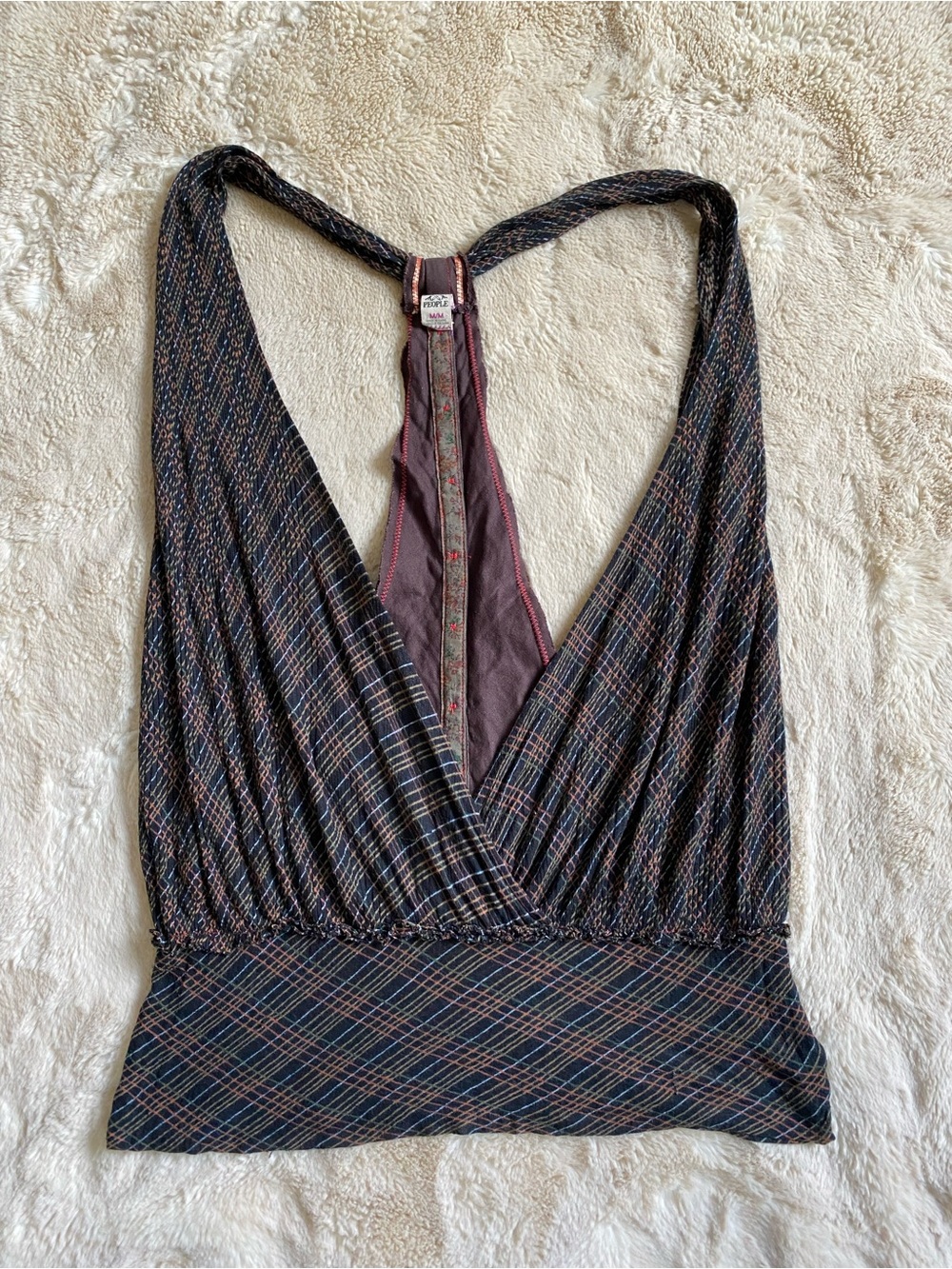 Y2KFree People Multicolor Plaid Wrap Tank Top - Navy with Rust and Cream Accents